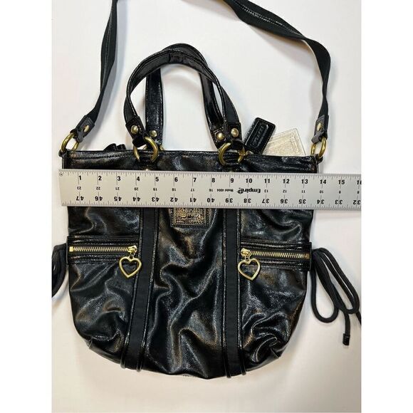 Vintage Coach Black Patent Leather Poppy Daisy Liquid Glass Heart Zipper Bag EUC - Picture 8 of 15